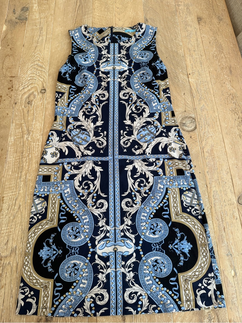 J. McLaughlin Black, Blue & Cream Printed Midi Sheath Dress M